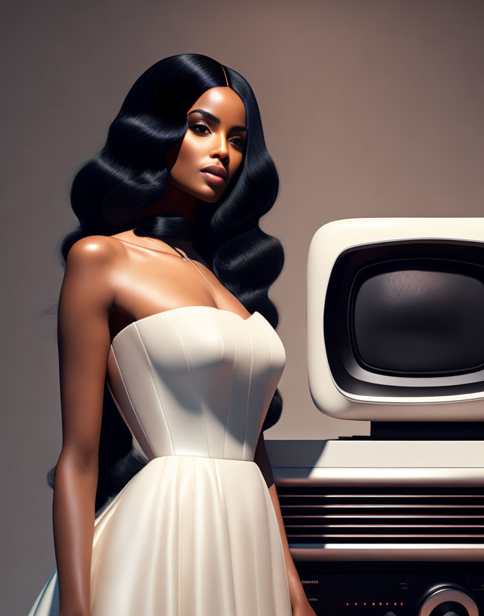 Sophisticated woman with wavy hair in white dress by vintage television