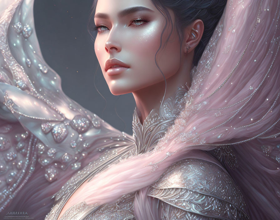 Digital Artwork: Female Elf with Shimmering Armor and Translucent Wings