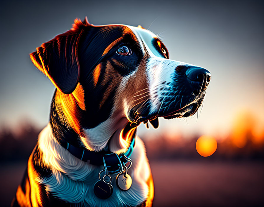 Brown and White Dog with Blue Collar Against Sunset Background