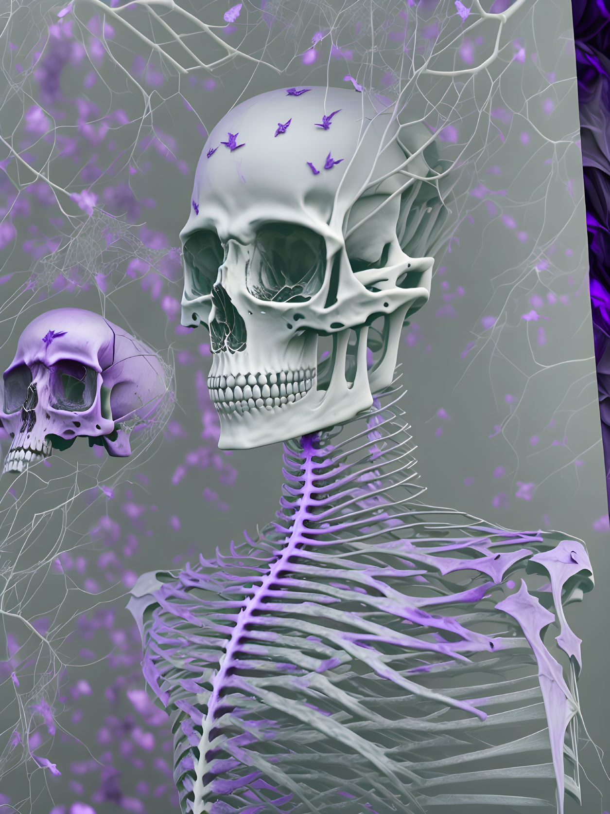 Purple and white surreal digital art with human skull, spine, birds, and abstract structures