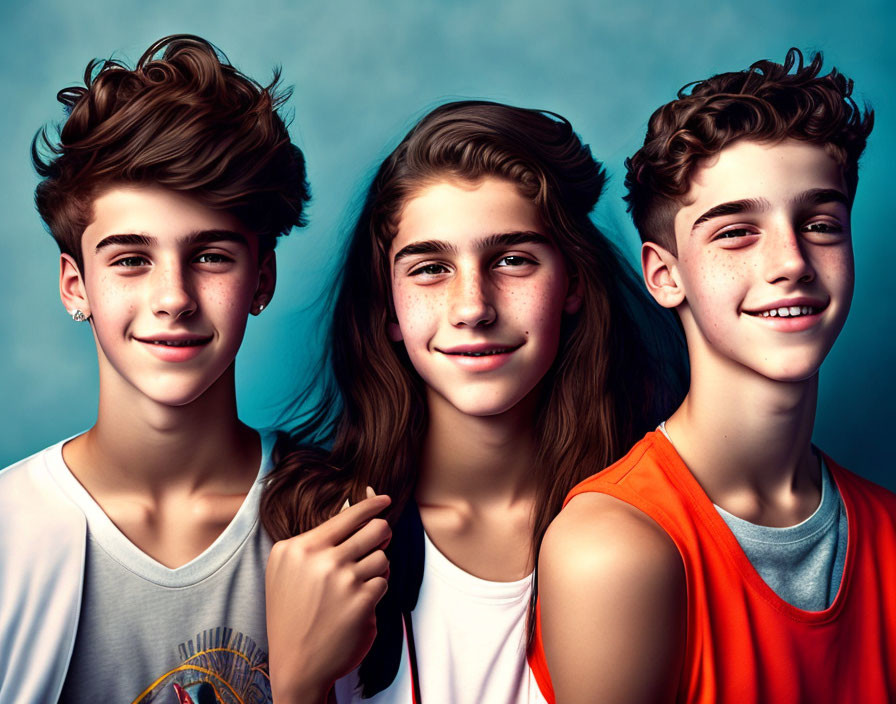 Three Smiling Teenagers with Stylish Hair on Blue Background