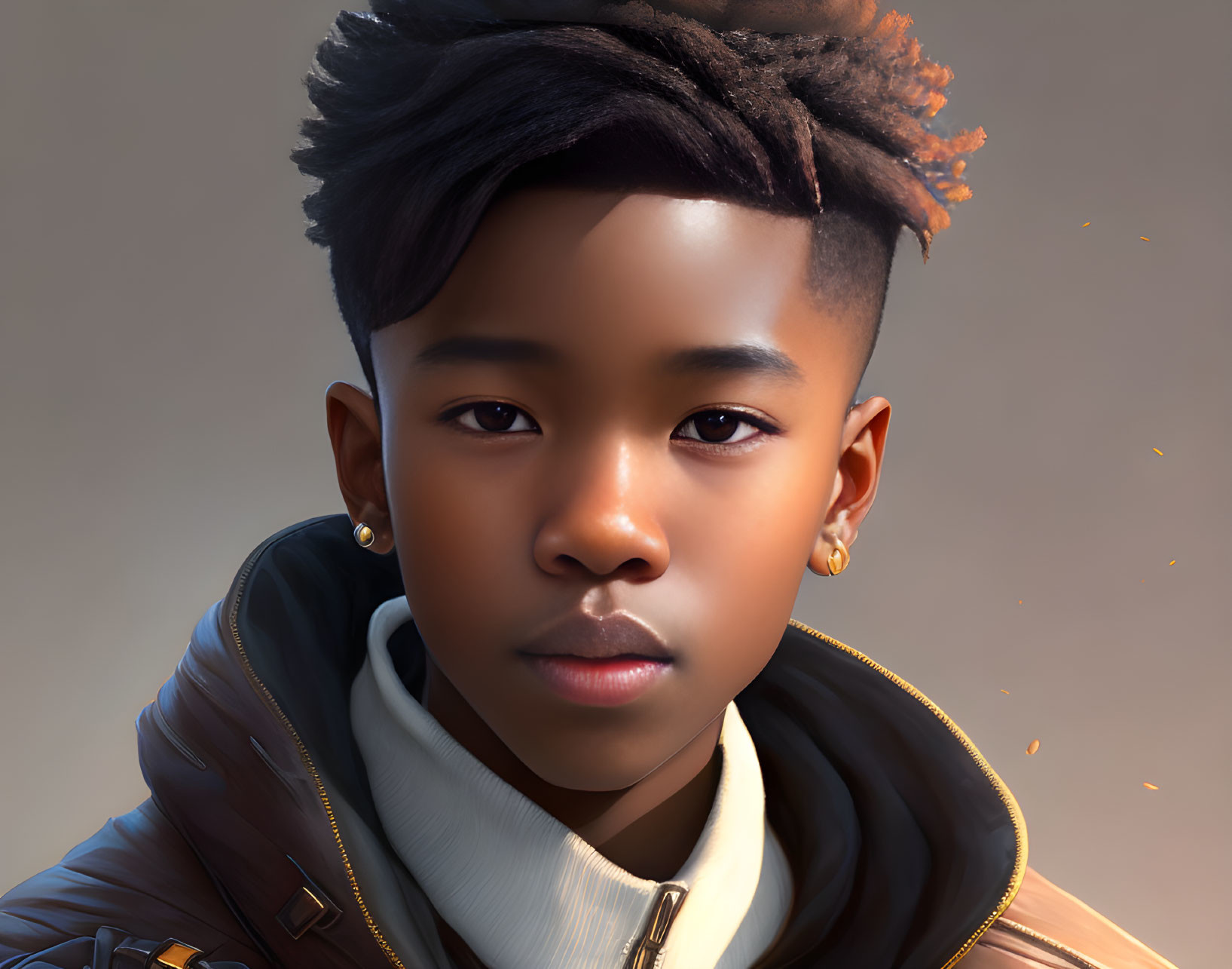 Young person digital art portrait with stylish hair, gold earring studs, and warm jacket.