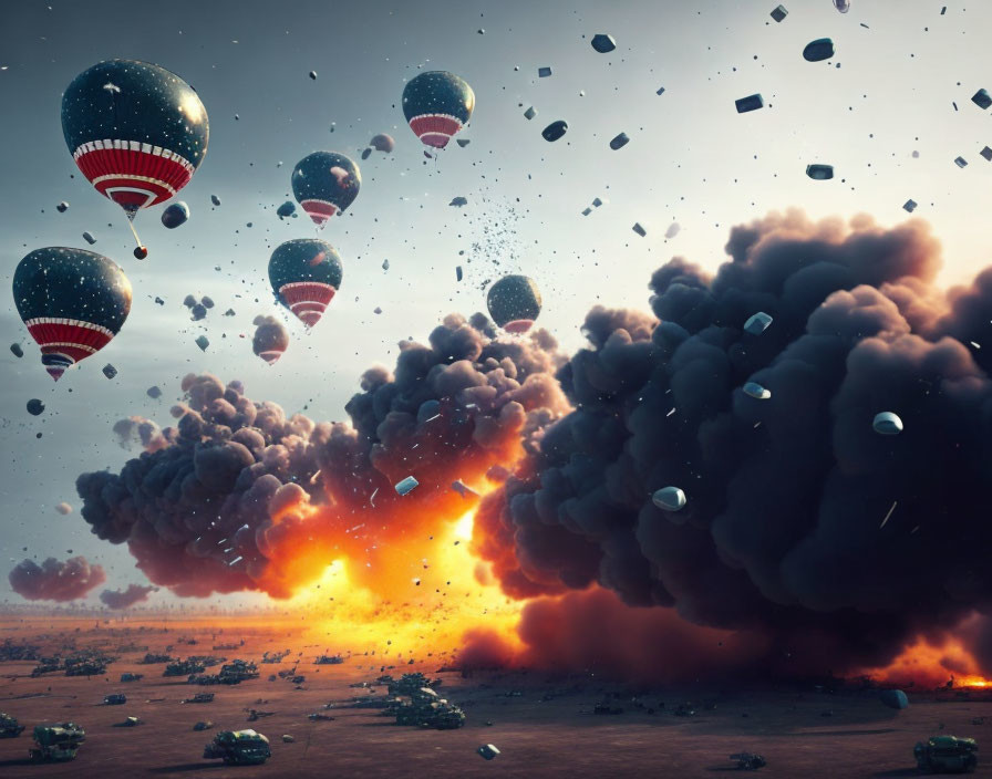 Hot air balloons soar over fiery explosion and debris in desolate landscape