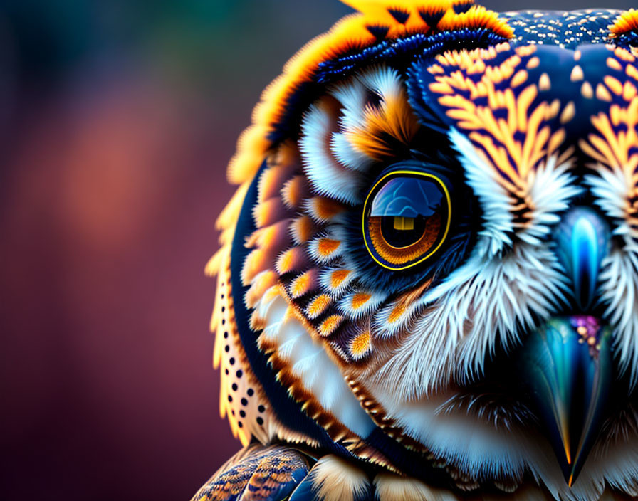 Vividly colored digital art owl with intricate patterns and sharp gaze