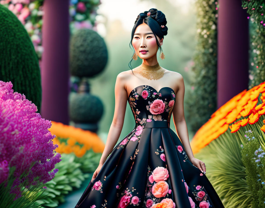 Woman in Elegant Floral Dress Surrounded by Vibrant Garden