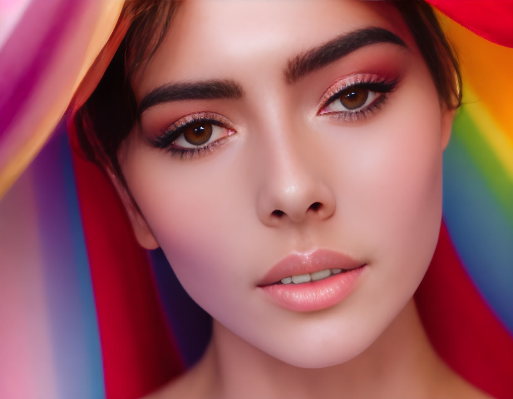 Vibrant makeup with colorful umbrella backdrop.