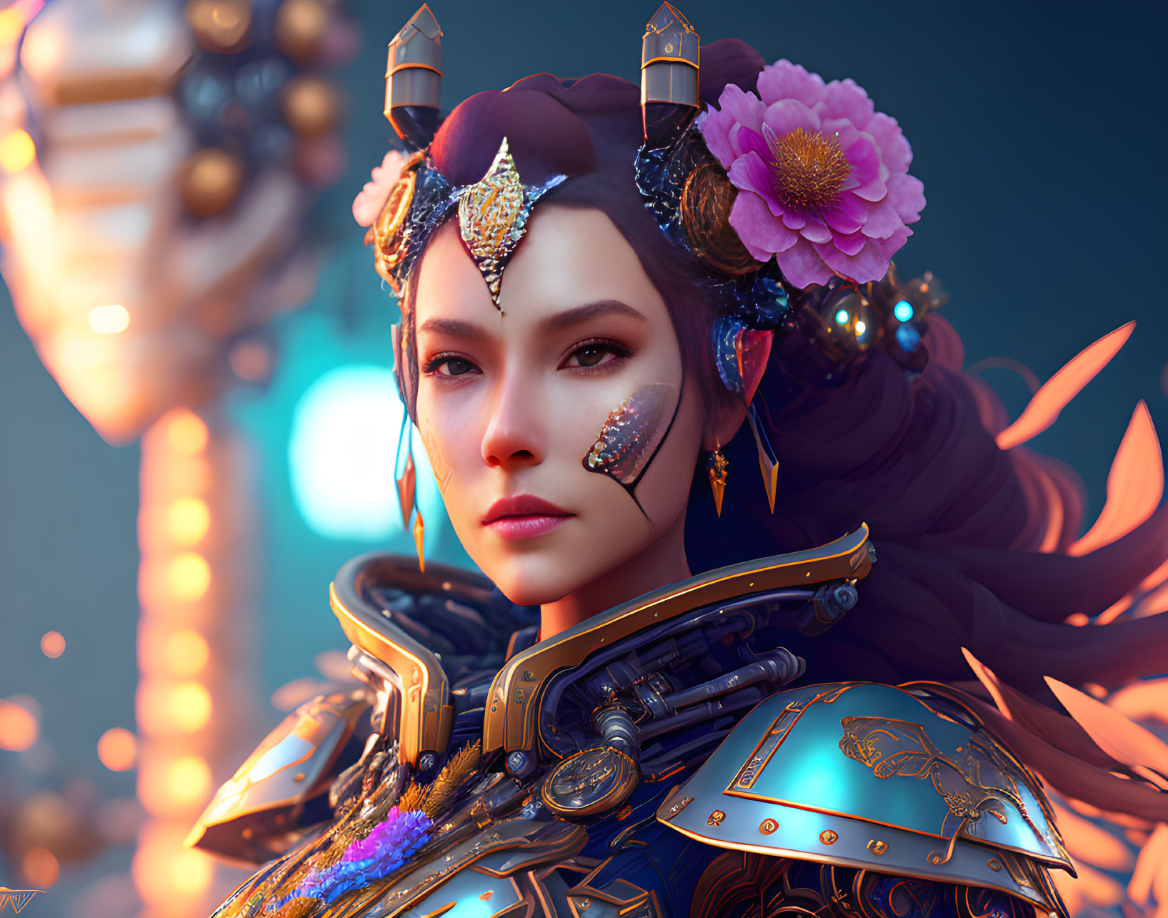 Digital artwork of a woman in fantasy armor with floral and golden accents.