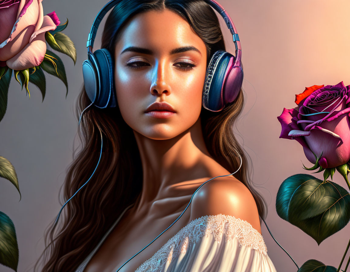 Woman with headphones surrounded by vibrant roses on soft background