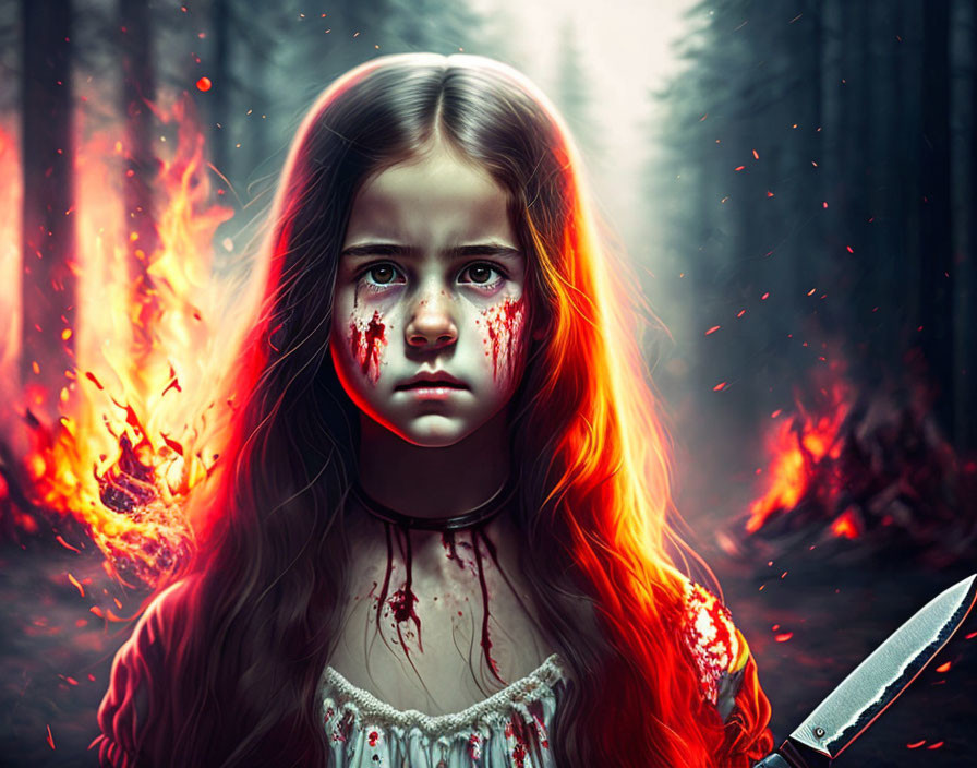 Digital artwork of young girl with blood on face holding knife in front of fiery forest.