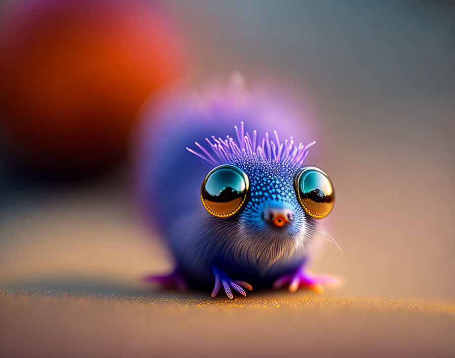 Animated creature with large eyes and purple fur on soft-focus background