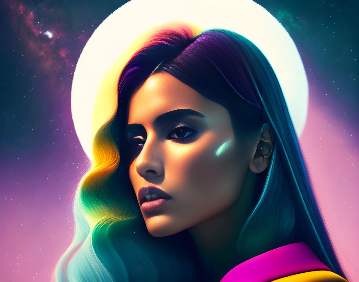 Colorful Stylized Portrait with Glowing Halo Against Cosmic Background