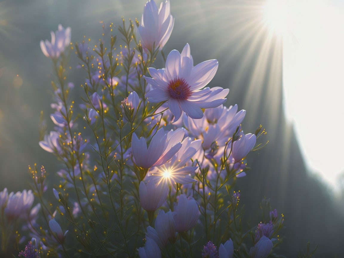 Vibrant cosmos flowers in sunlight with soft-focus backdrop