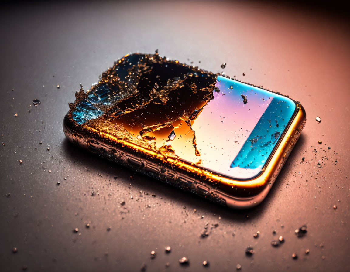 Broken smartphone with peeled screen, water droplets, orange and blue lighting