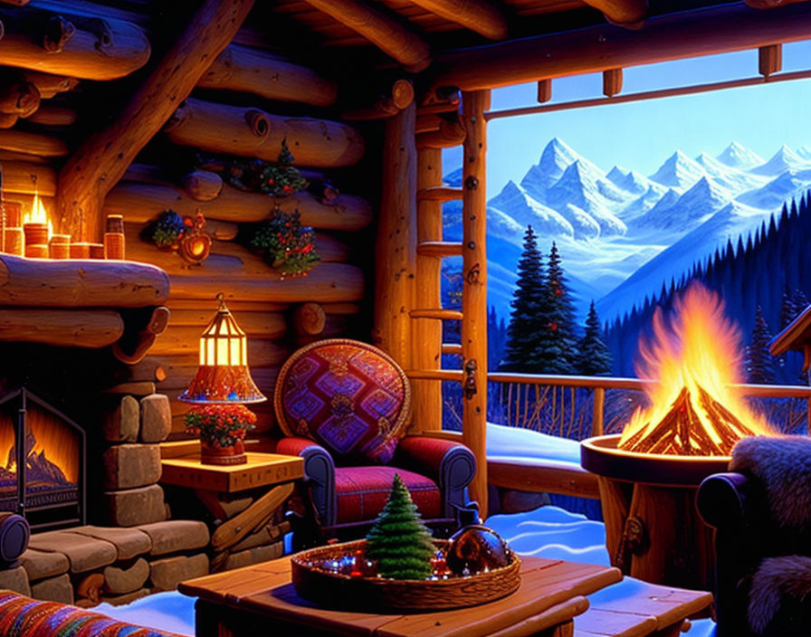 Rustic log cabin interior with fireplace, festive decor, snowy mountain view