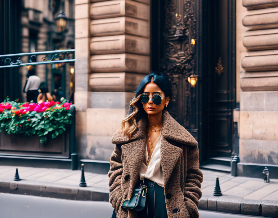 Fashionable woman in teddy coat and sunglasses at ornate building with floral window box