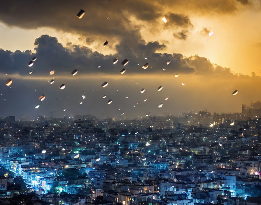 Densely Populated City at Dusk with Flying Debris in Warm Sunset