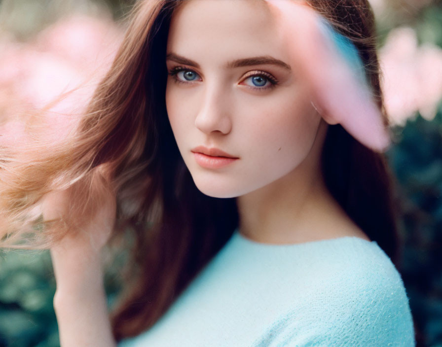 Young woman with long brown hair and blue eyes among pink blossoms and greenery.