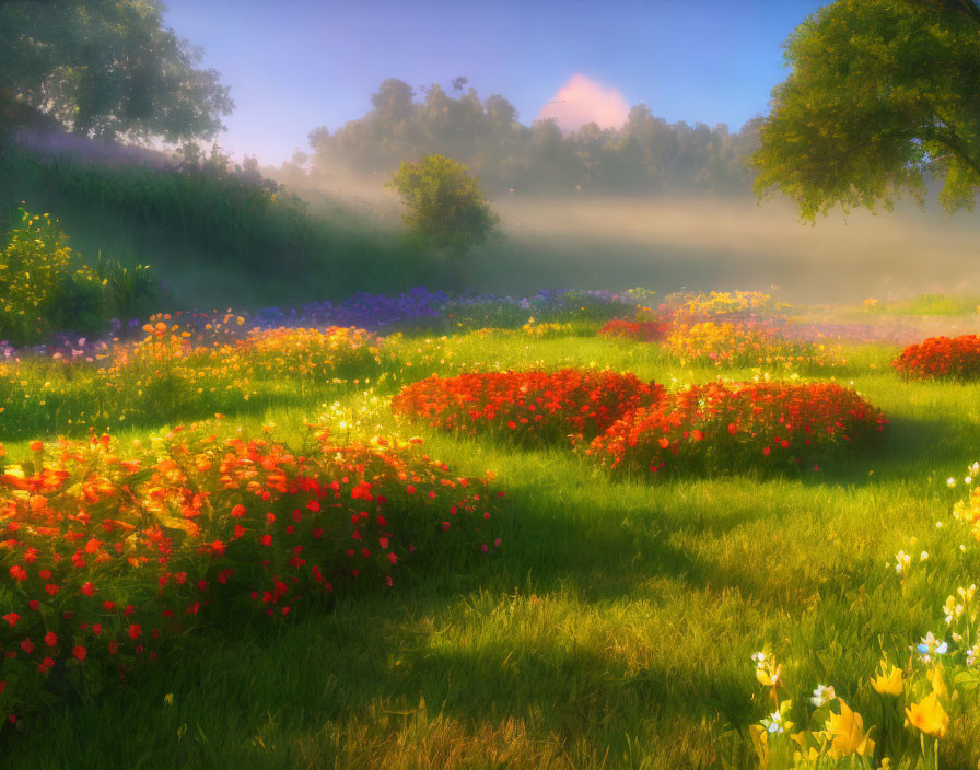 Vibrant flowers in golden sunlight on serene field