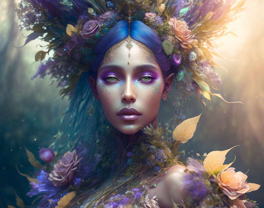 Fantastical portrait of woman with blue hair and floral headdress in dreamy forest setting