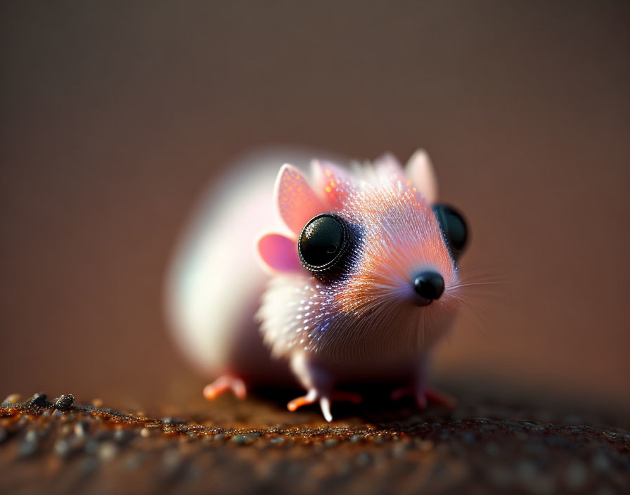 Fuzzy orange and white creature with large eyes on textured surface