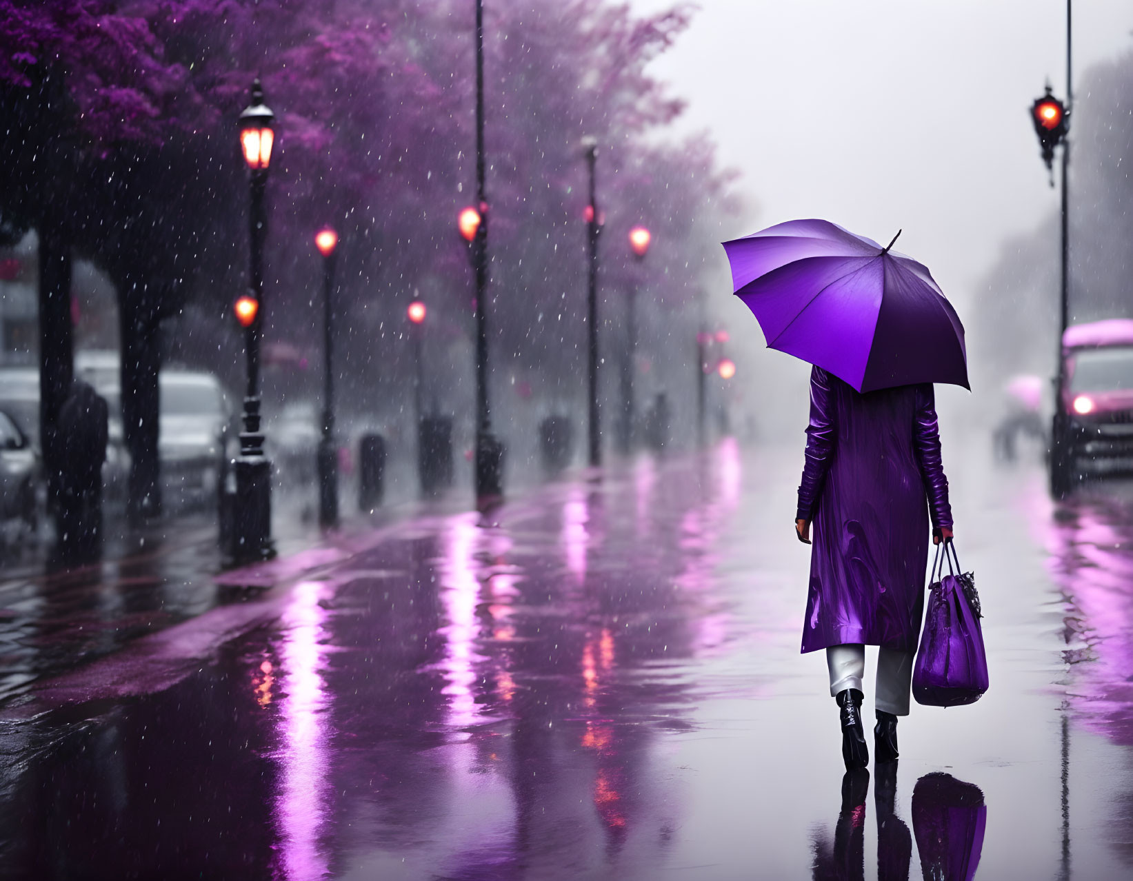 Purple-coated person with umbrella strolls under pink blossoms in rainy street scene