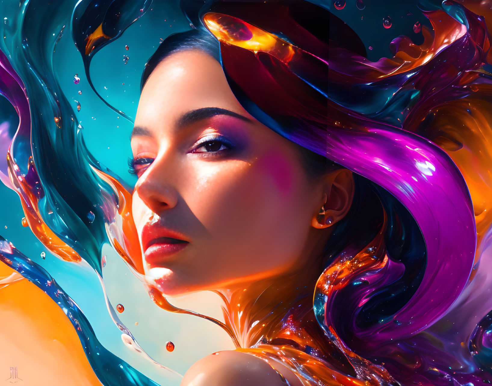 Colorful digital artwork of a woman's face with swirling liquid colors