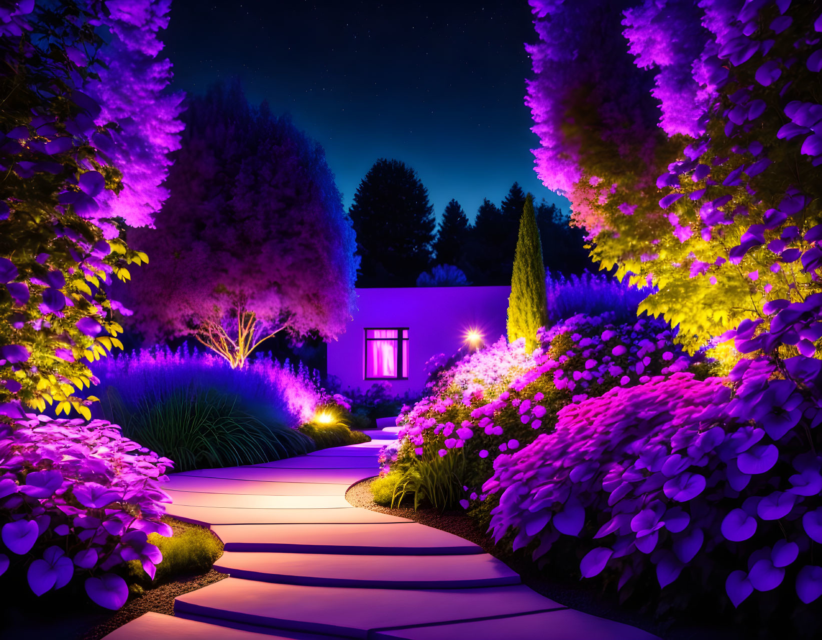 Luminous Night Garden with Purple Foliage and Glowing House Window