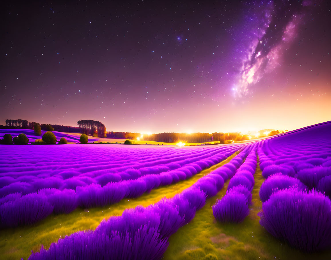 Starry sky over lush lavender fields at sunset