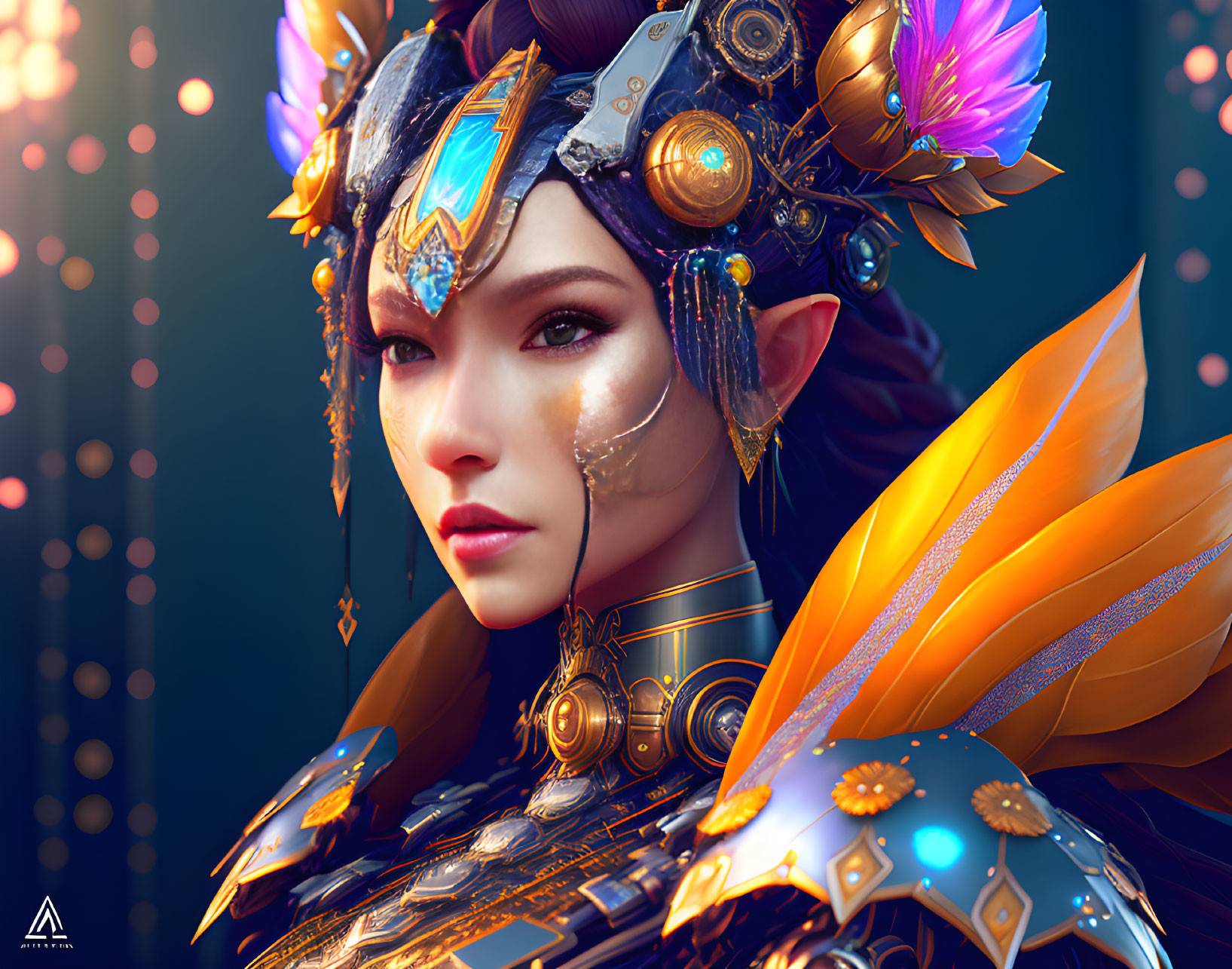 Detailed Fantasy Armor with Ornate Golden and Blue Headgear