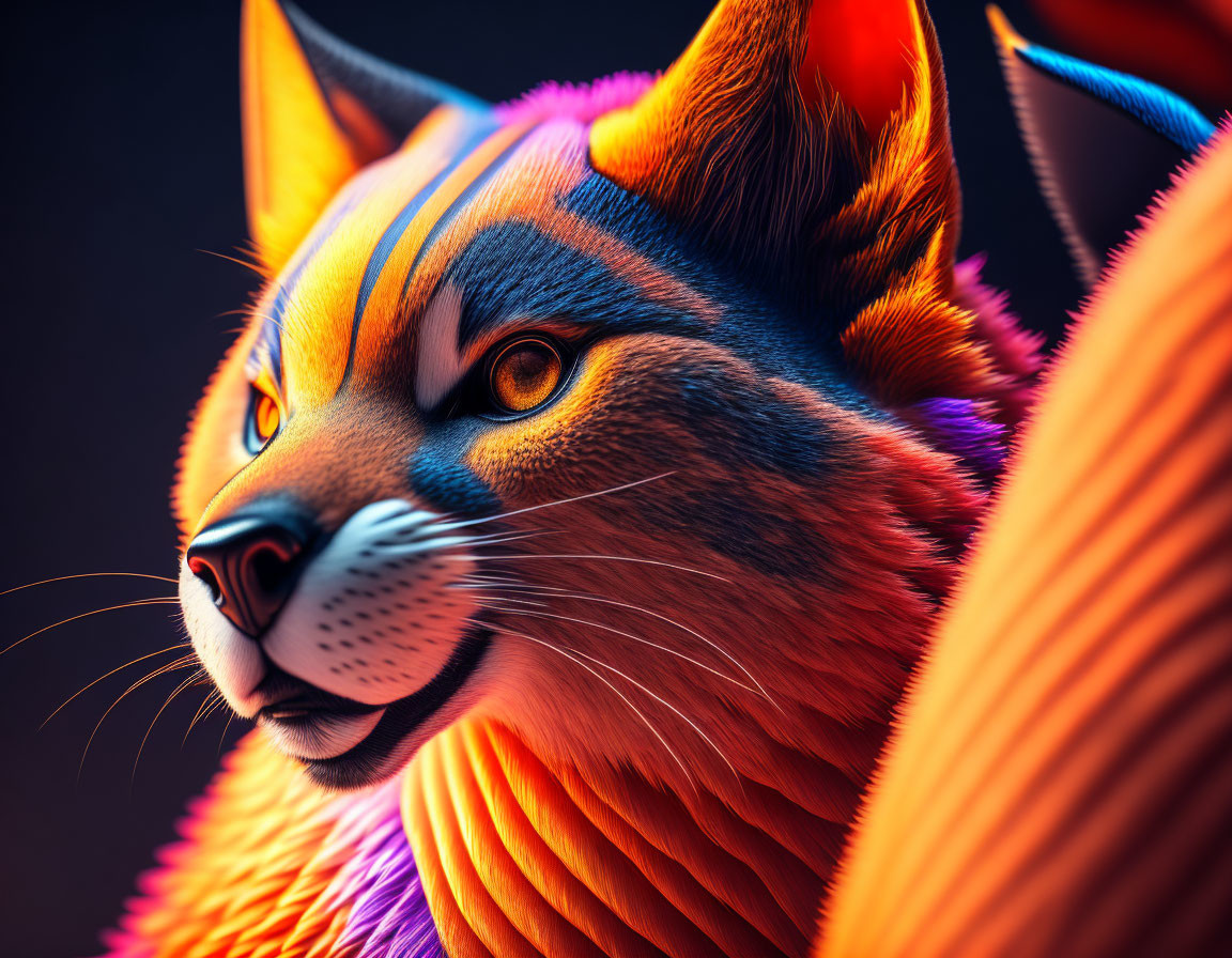 Detailed digital art: Vibrant fox with intricate fur and intense gaze