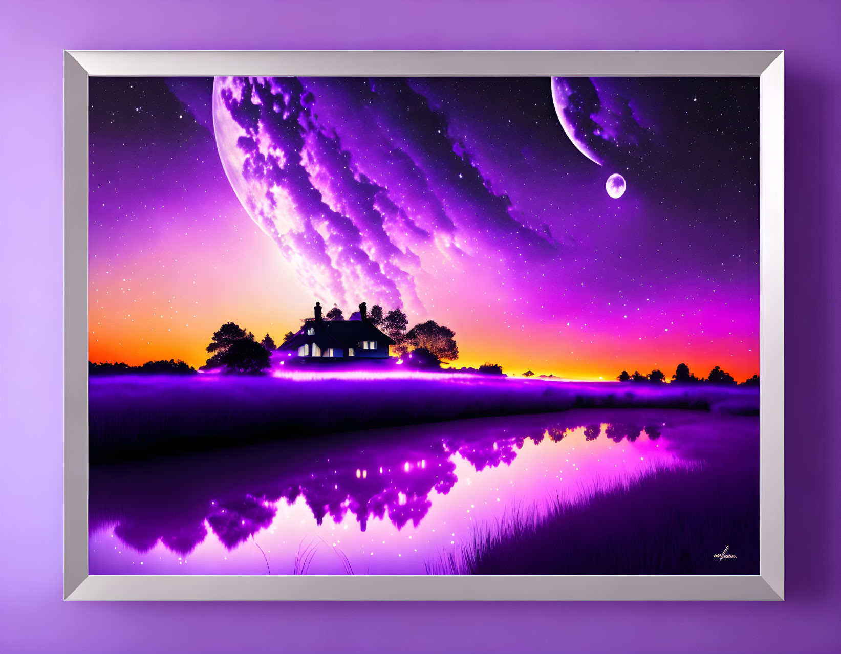 Surreal landscape digital artwork with house, oversized planets, and vibrant purple hues.