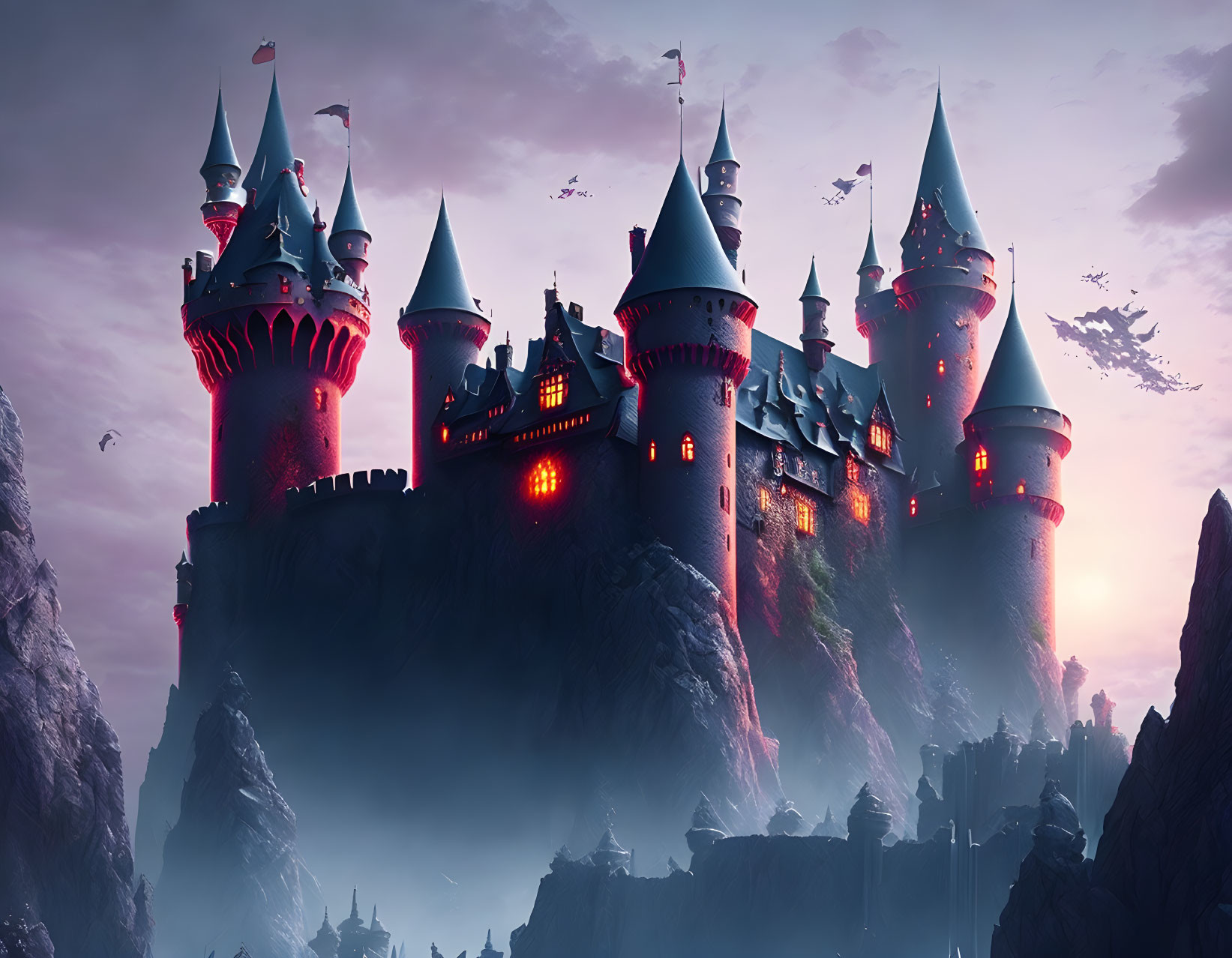 Majestic castle on craggy cliffs with red illuminated windows at twilight