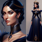 Digital artwork: Woman with dark hair, gold jewelry, blue gown & headdress