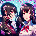 Dark-haired anime-style girls with cherry blossoms in vibrant pink backdrop