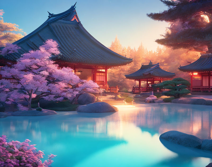 Japanese garden with cherry blossoms, pavilions & tranquil pond at twilight