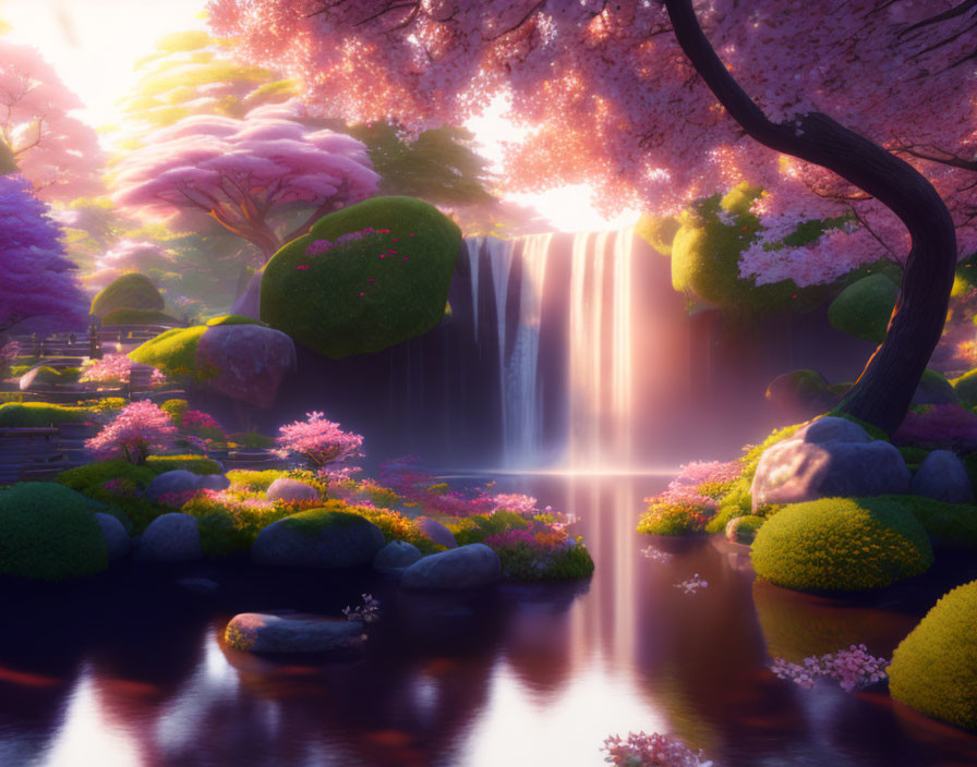 Tranquil cherry blossom scene with waterfall and lush greenery