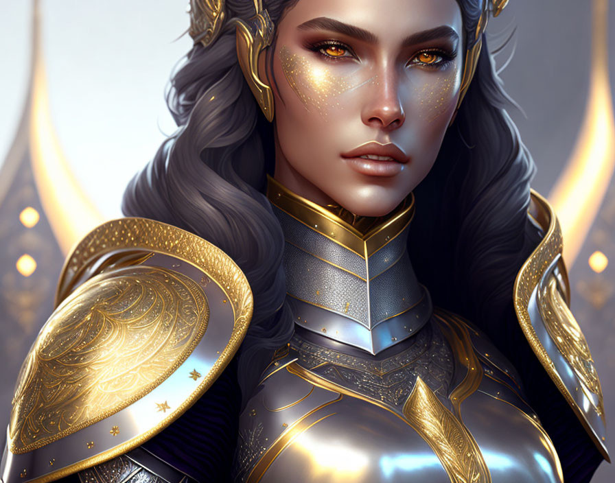 Digital artwork of a woman in ornate golden and silver armor with elfin jewelry.