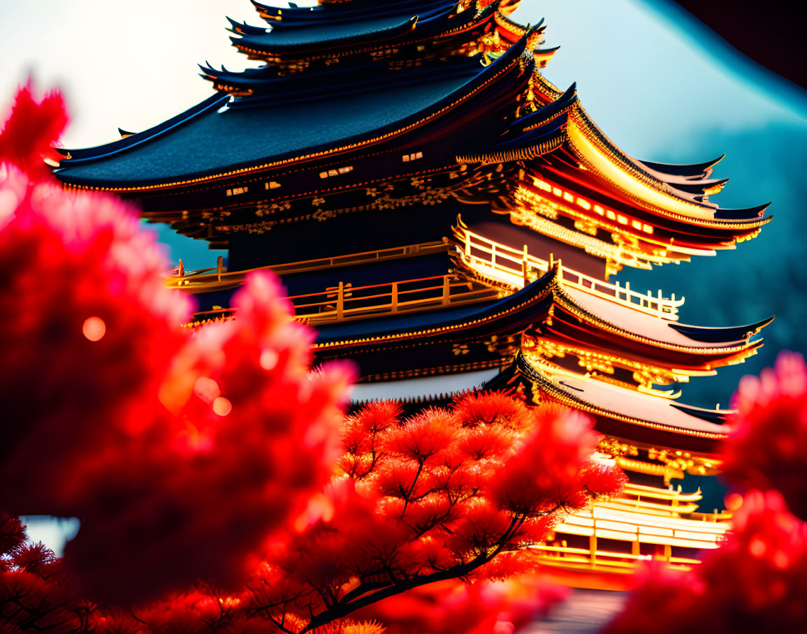 Traditional Japanese pagoda with cherry blossoms at dusk