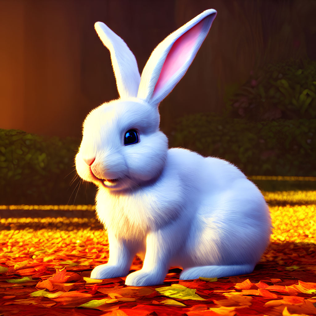 3D-rendered white rabbit with blue eyes in autumn setting