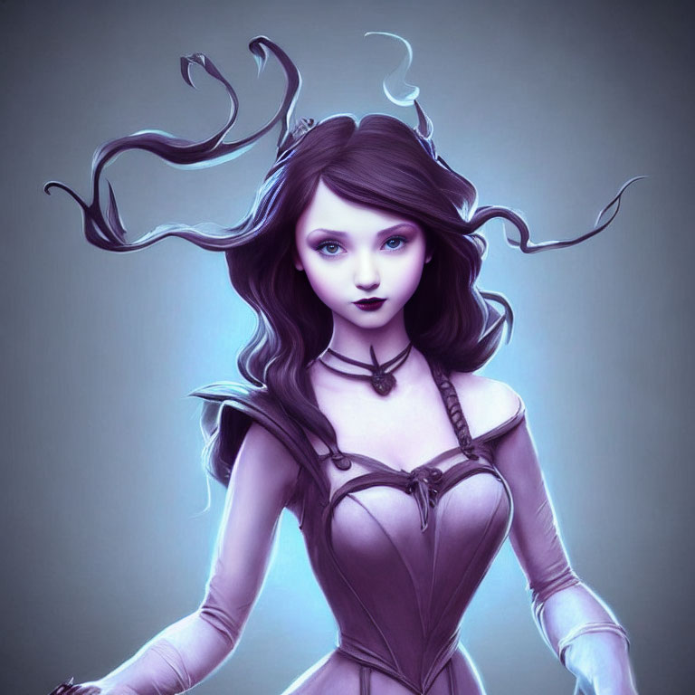 Fantasy female character with dark hair, purple eyes, and medieval violet dress