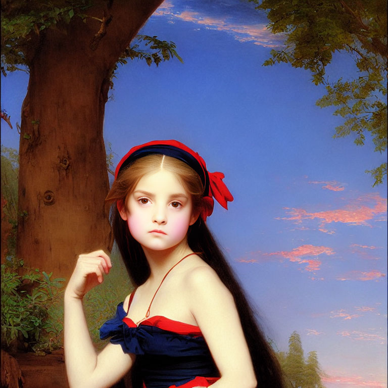 Young girl with long hair and red ribbon posing against tree and sunset sky