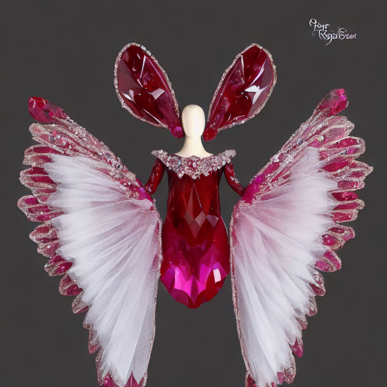 Deep Pink Gemstone Fairy Figure with Glittering Wings on Grey Background