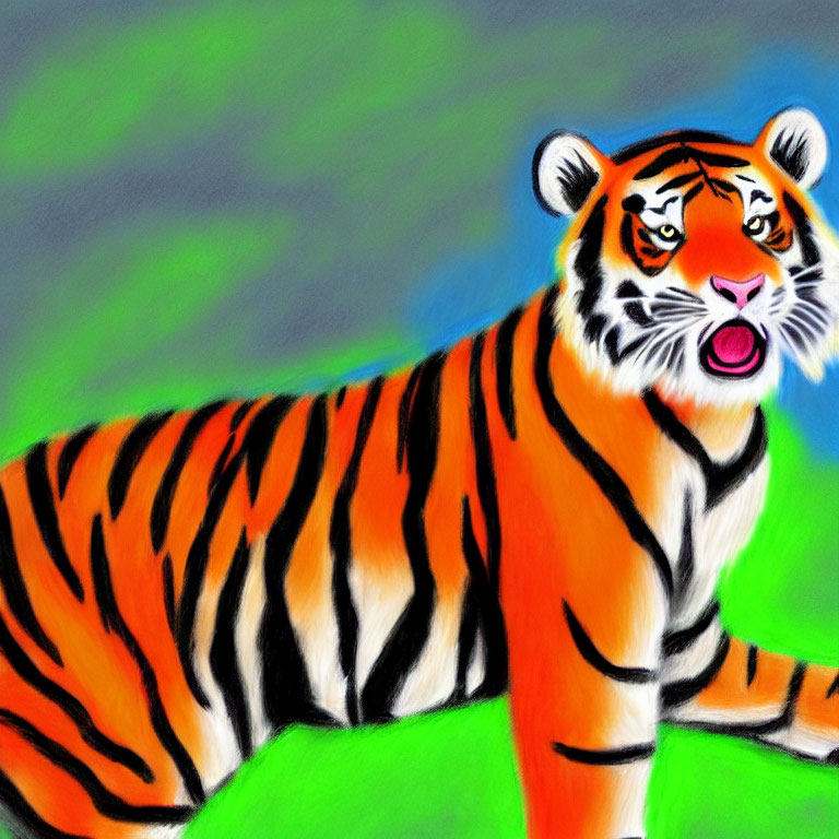 Vibrant Tiger Drawing on Green Grass and Blue Background