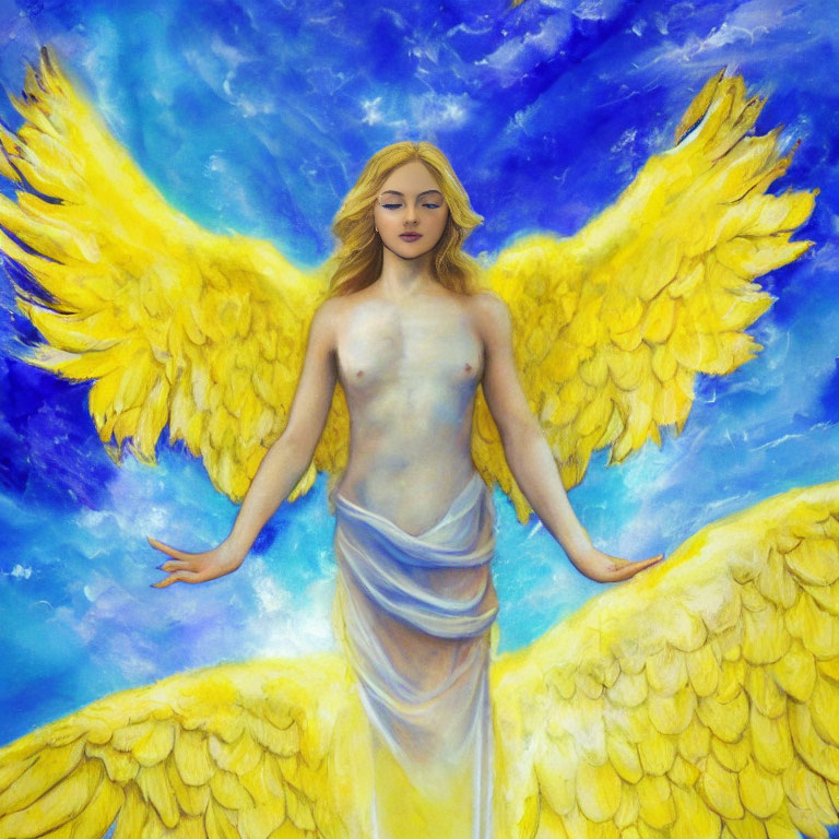 Angelic figure with blue-tinted wings on celestial blue background