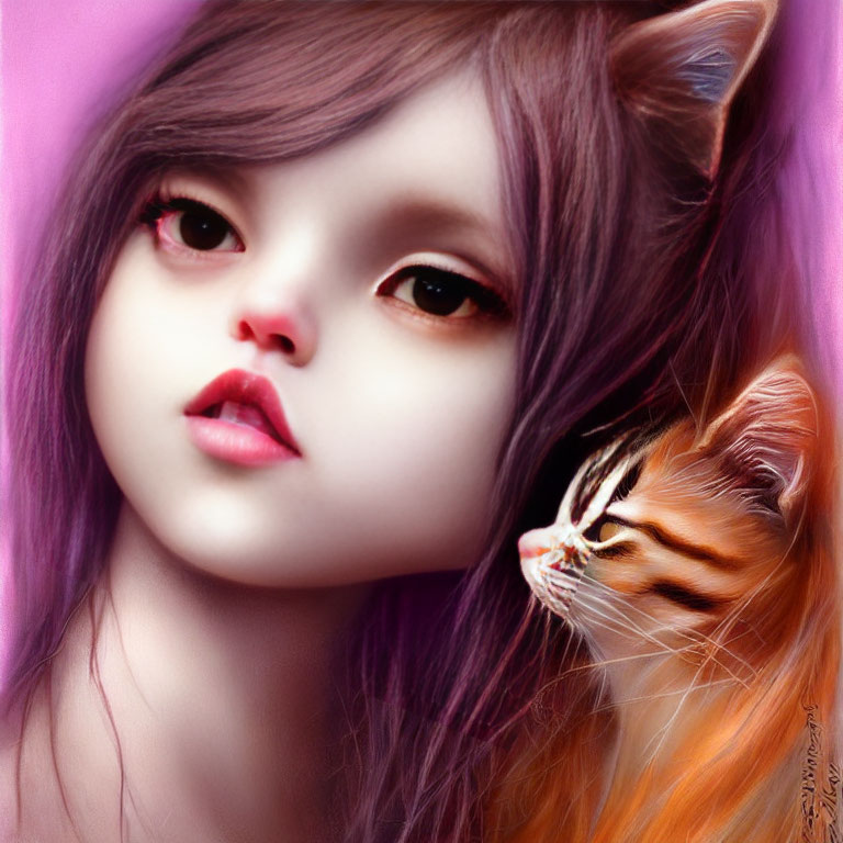 Digital artwork of young girl with cat-like features and large eyes next to orange tabby cat on pink