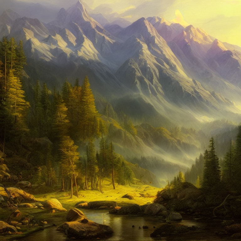 Misty forest, serene river, sunrise over rugged mountains