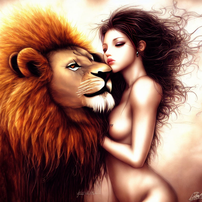 Woman embracing lion in mystical illustration