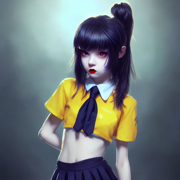 Girl with Large Eyes in Yellow Shirt and Black Skirt Illustration