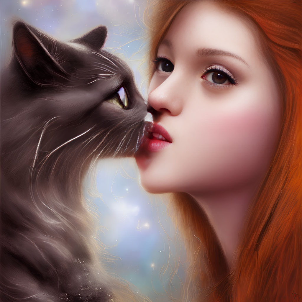 Close-Up Artwork: Woman with Red Hair and Grey Cat Touching Noses on Celestial Background