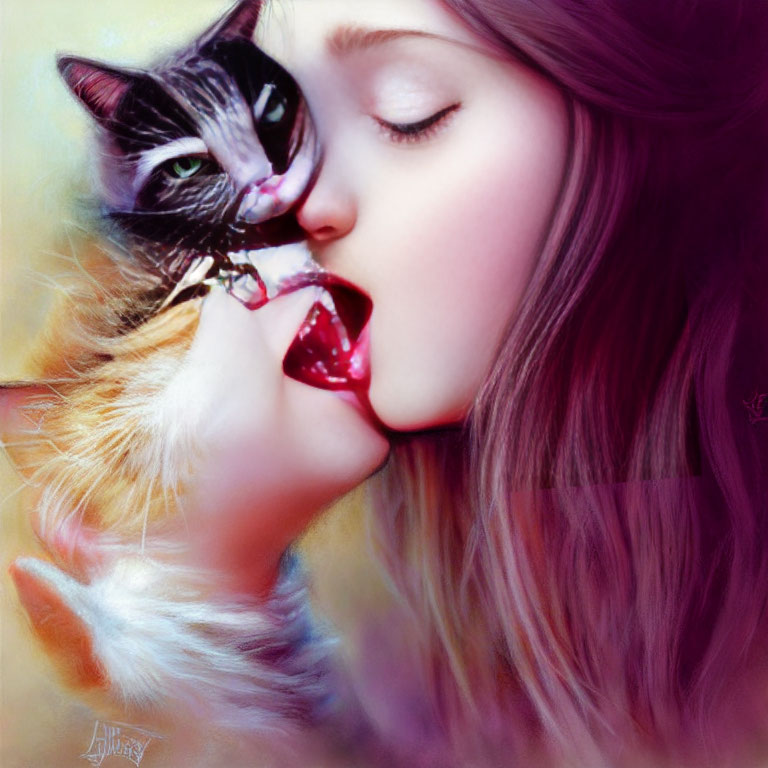 Illustration of woman kissing two-faced cat in surreal blend of reality and fantasy